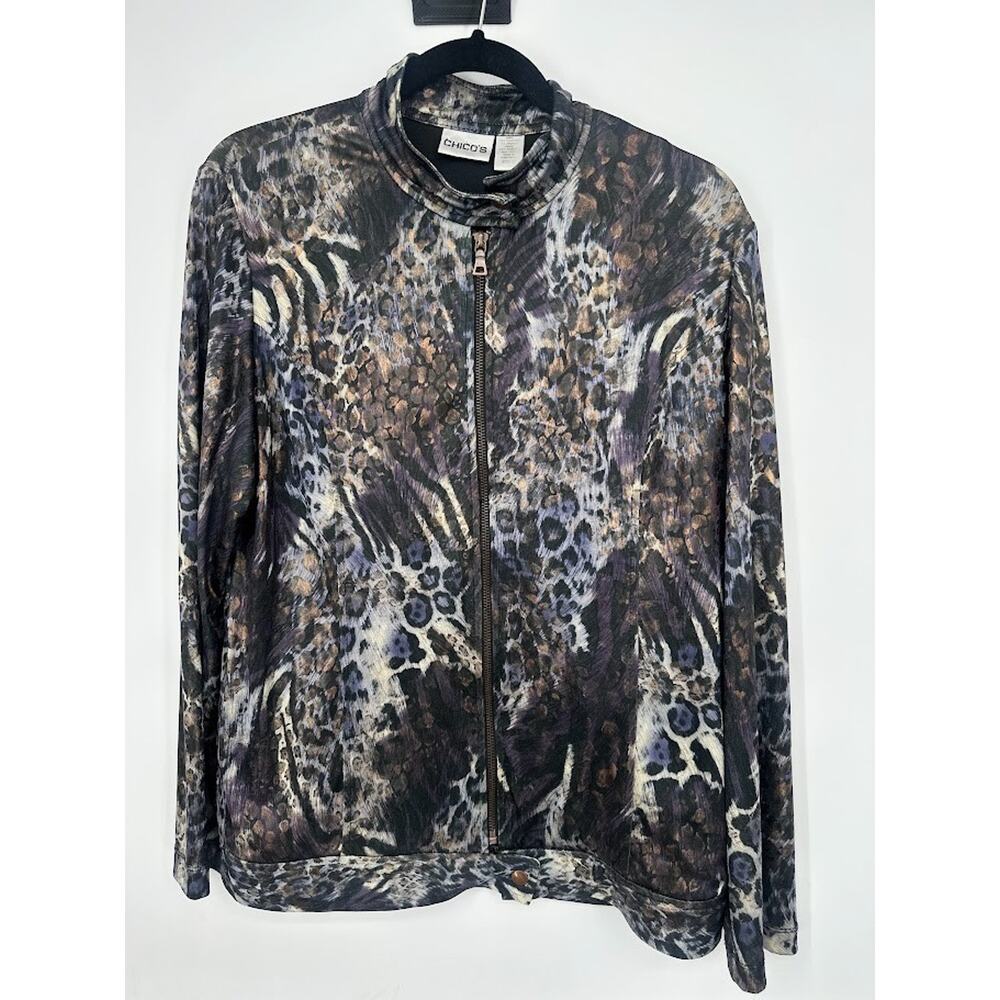 Chicos Animal Print Bomber Jacket Silky Lightweight Zipper Bold‎ Artsy Womens L
